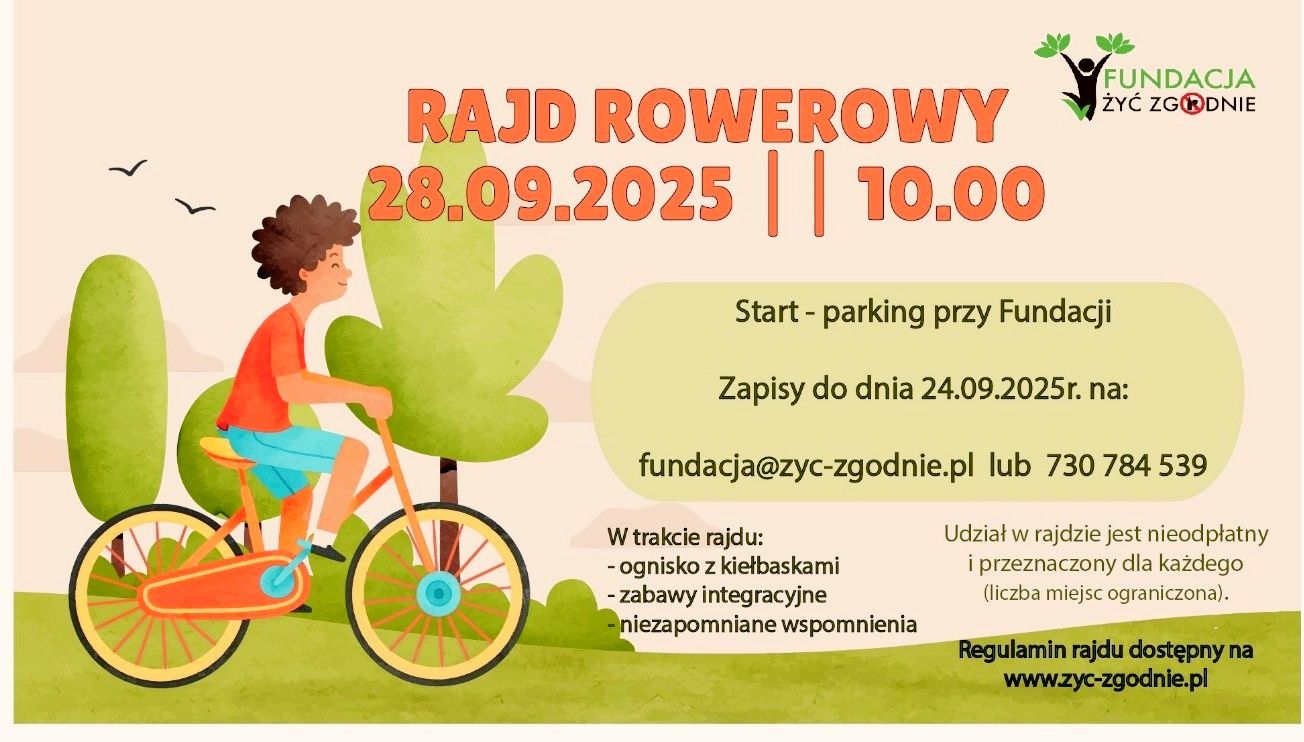 plakat przedstawia szczegółowe informacje o wydarzeniu i przedstawia chłopca jadącego na rowerze. W prawym rogu widnieje logo Fundacji. 