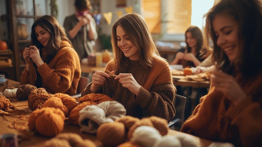 Na zdjęciu widać kilka uczestniczek warsztatów, które szydełkują w otoczeniu włóczek. Dziewczyny wyglądają na bardzo zadowolone. 