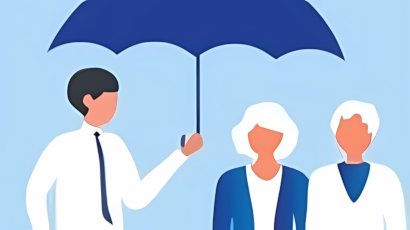 przedstawia dwóch mężczyzn i kobietę, stojących pod parasolem.