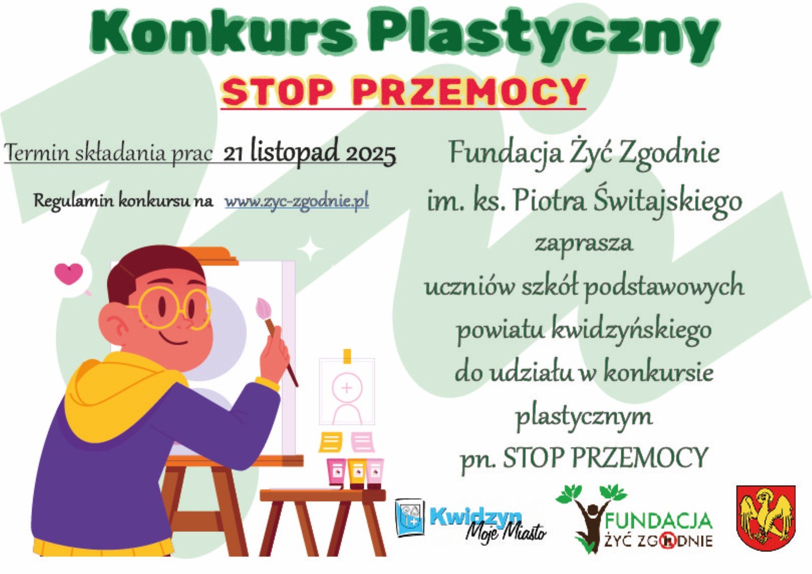 : Na zdjęciu znajduje się chłopiec malujący obraz oraz informacje o konkursie.