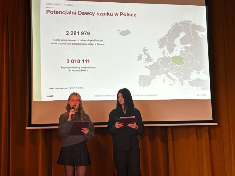 Uczennice prezentujące dane fundacji DKMS na temat liczby zarejestrowanych dawców szpiku w Polsce.