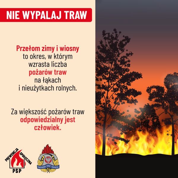 Plakat informacyjny do treści artykułu przedstawia zagrożenia związane z wypalaniem traw oraz kluczowe informacje na ten temat.