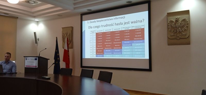 Osoba prowadząca szkolenie przy stole konferencyjnym omawiająca szczegółowe tematy objęte szkoleniem