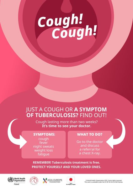 Na zdjęciach znajduje się postać człowieka z otwartą buzią i słowami określającymi kaszel. Poniżej jest napis w czterech językach odnoście objawów gruźlicy. 